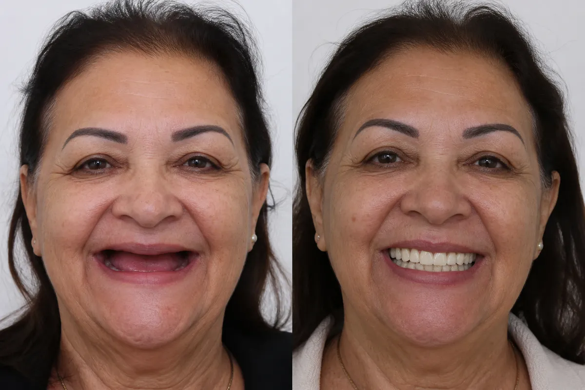 Dona Marlene, paciente da Odonto Viva, antes e depois da prótese protocolo fixa sobre implantes
